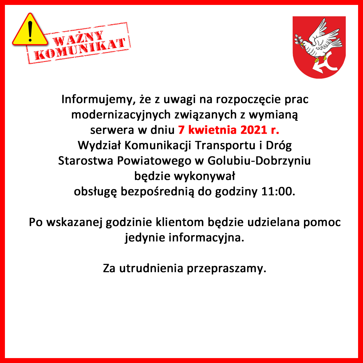 Informacja o pracy W.Komunikacji w dniu 7 kwietnia br.