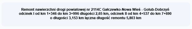 Remont nawierzchni drogi powiatowej nr 2114C Gałczewko - Nowa Wieś – Golub-Dobrzyń łączna długość remontu 5,803 km