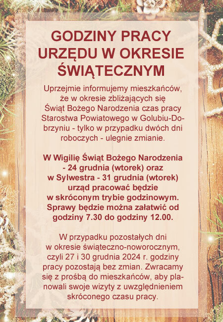 Informacja o skróceniu czasu pracy w okresie świątecznym