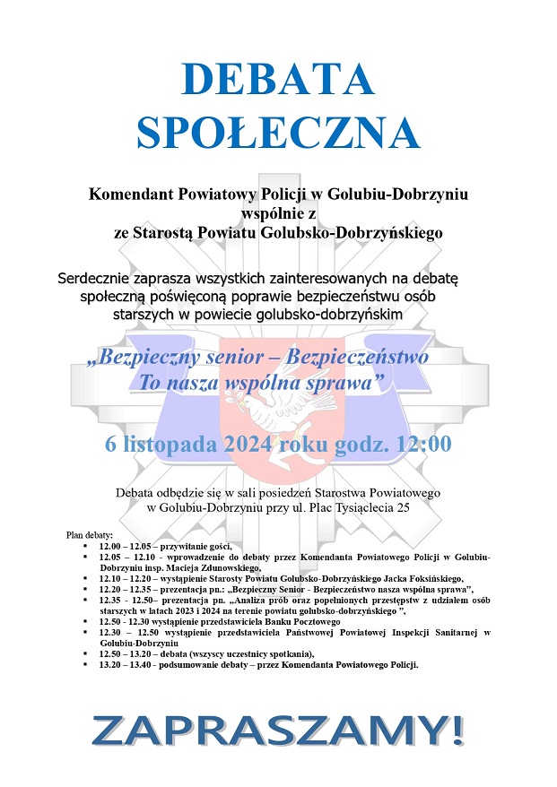 Zaproszenie debatę społeczną "Bezpieczny Senior-Bezpieczeństwo to nasza wspólna sprawa"
